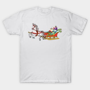 Santa Claus and Snowman in a horse-drawn sleigh T-Shirt